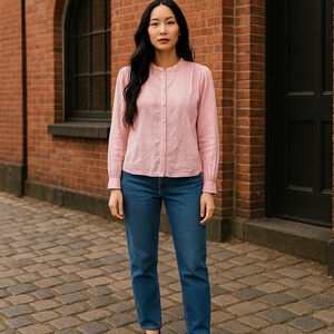 Pink Top Women Size Large Cotton Swiss Dot Pleated Ruffle Round Neckline Long